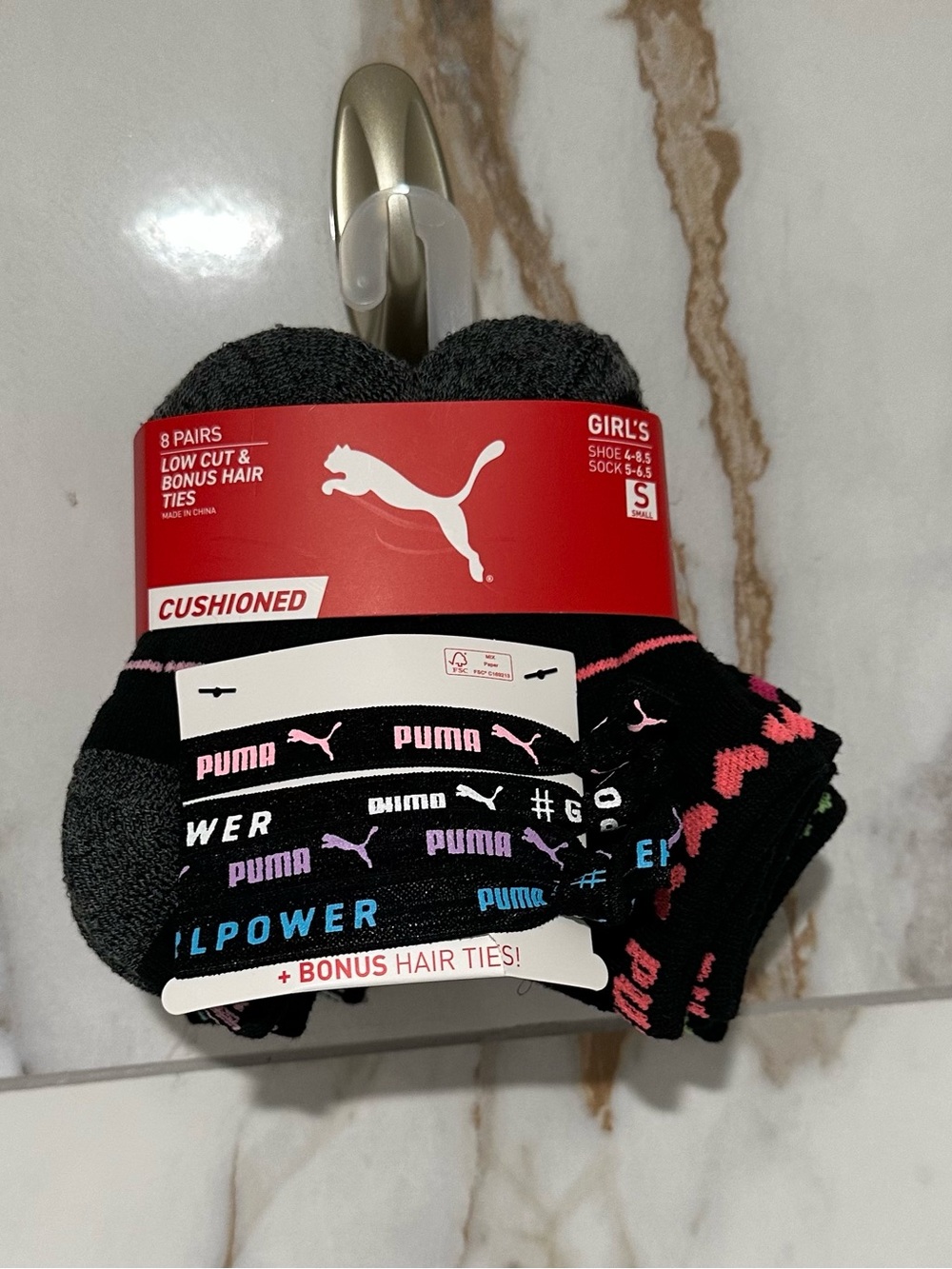 Puma Girls' Cushioned Low Cut Socks - Black with Pink Accents